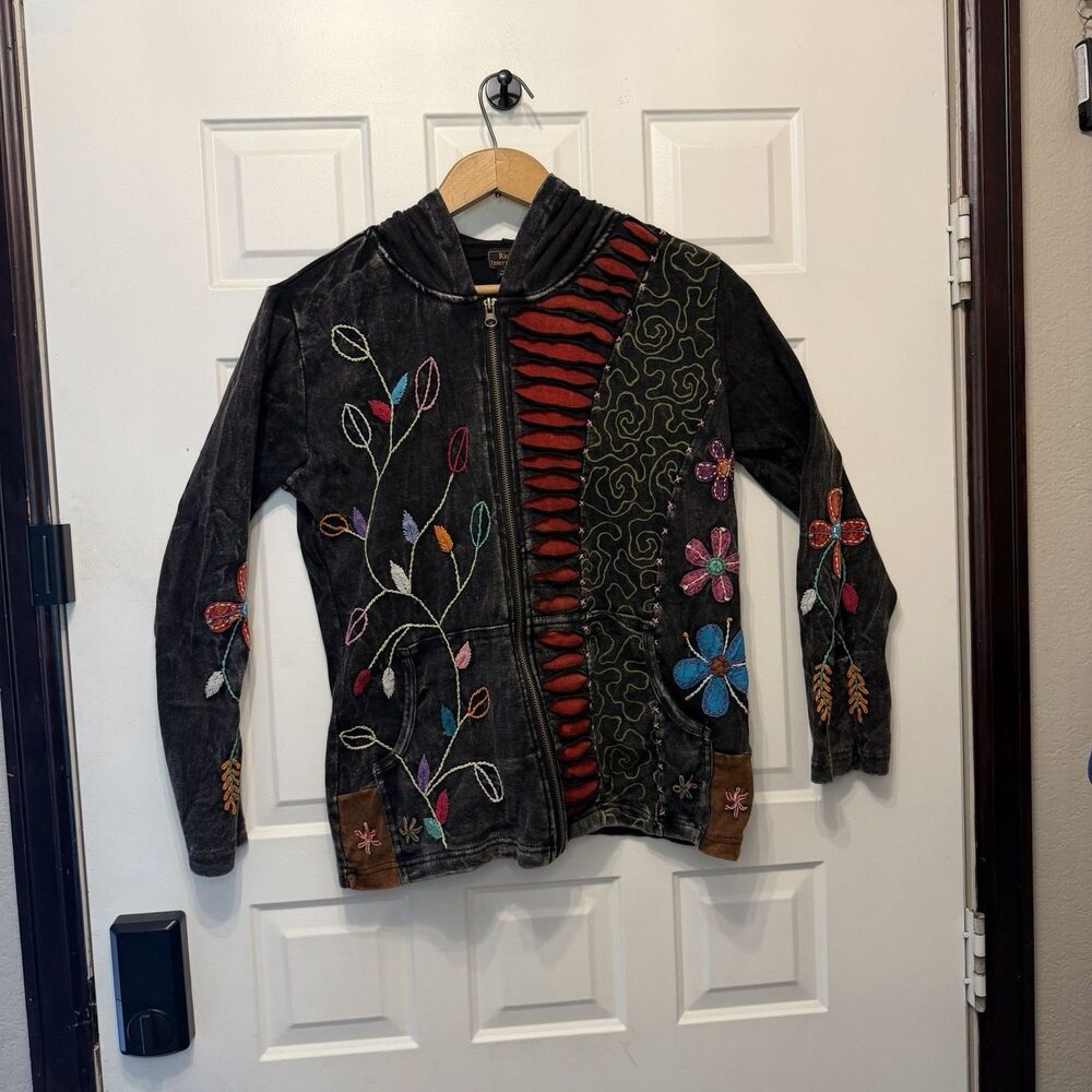 Rising International Nepal Boho Hooded Jacket L Embroidered 100% Cotton Zip